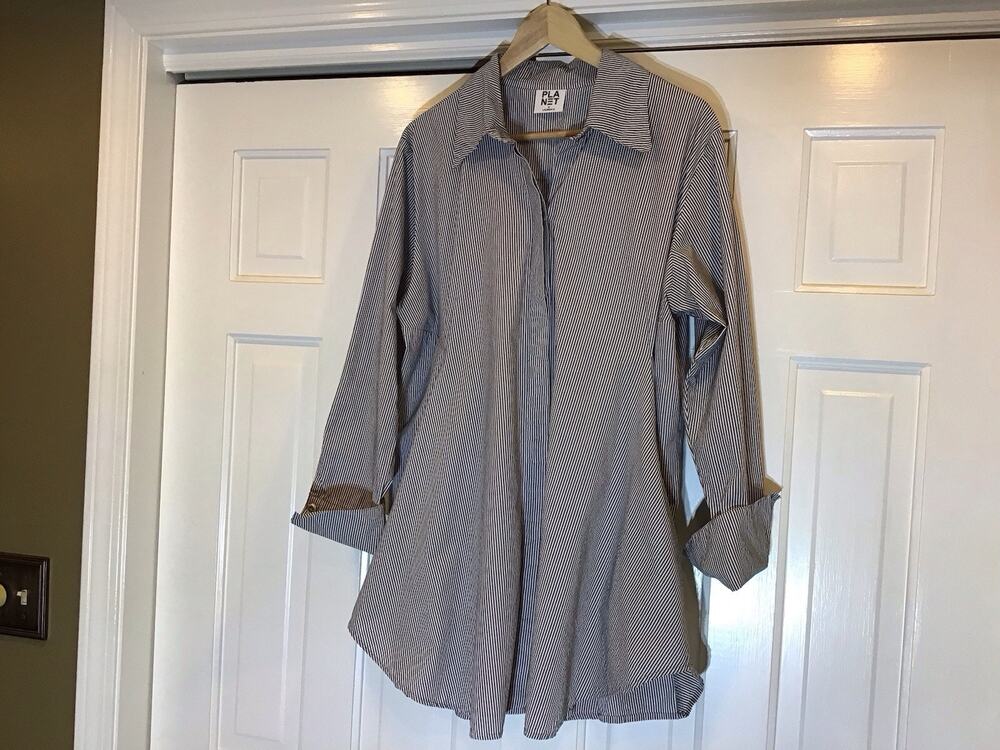 Planet Lauren G Women 10 Oversize BlueStripe Cotton Tunic Lagenlook Assymetric